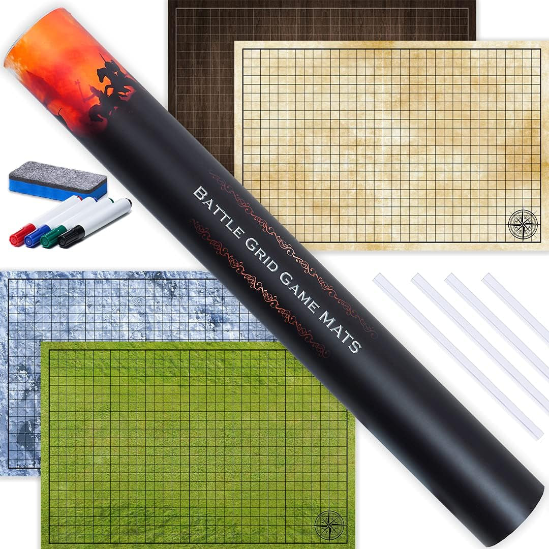 DnD Battle Grid Starter Set with 3 Double-Sided 24″×36″ Mats Plus Markers, Eraser, Dice & Clips