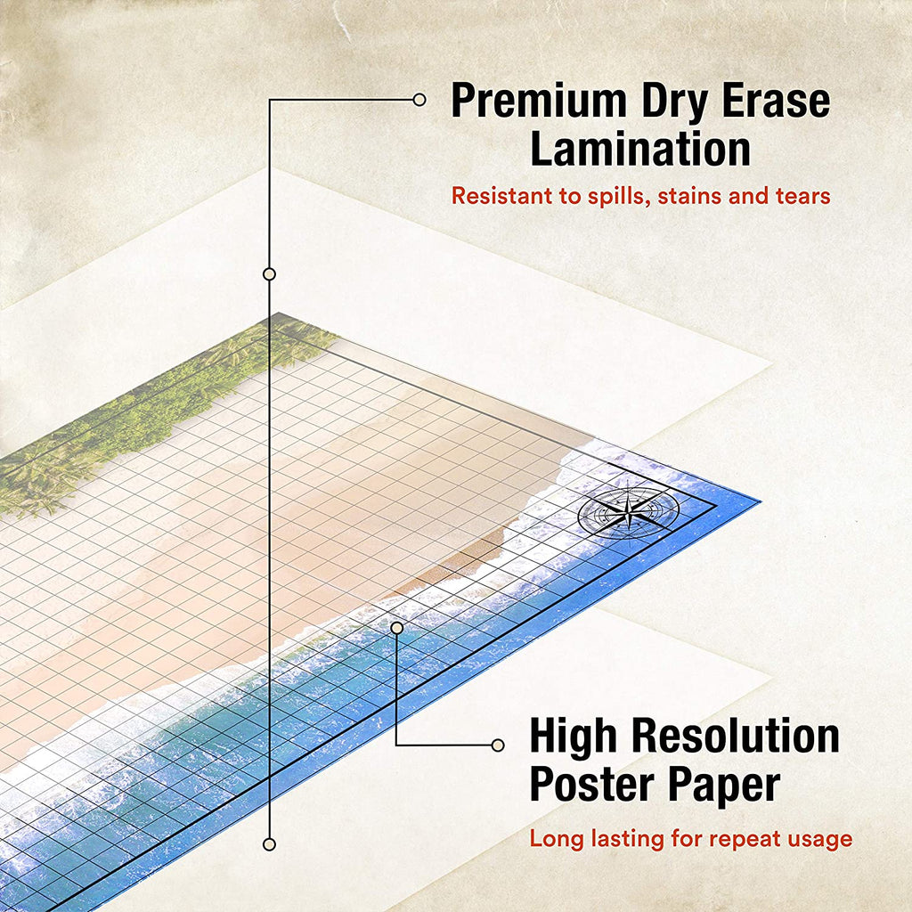 DnD Battle Grid Starter Set with 3 Double-Sided 24″×36″ Mats Plus Markers, Eraser, Dice & Clips