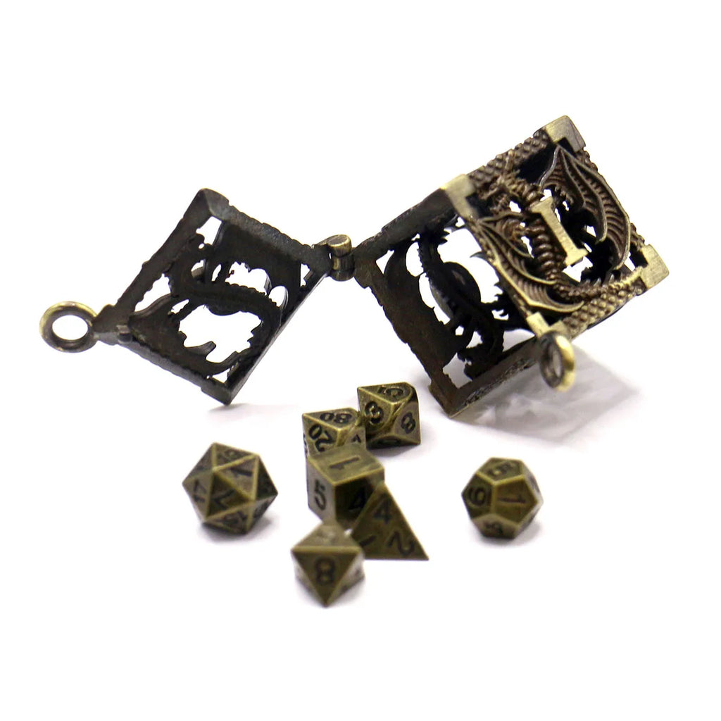 D6 Metal Case +7Pcs Metal Dice Set - gold