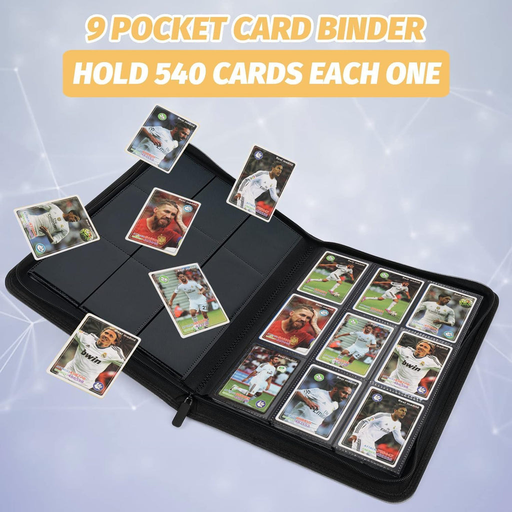 9-Pocket Zip Card Binder – 540 Double-Sided PU Album for MTG, TCG, Sports (Black)