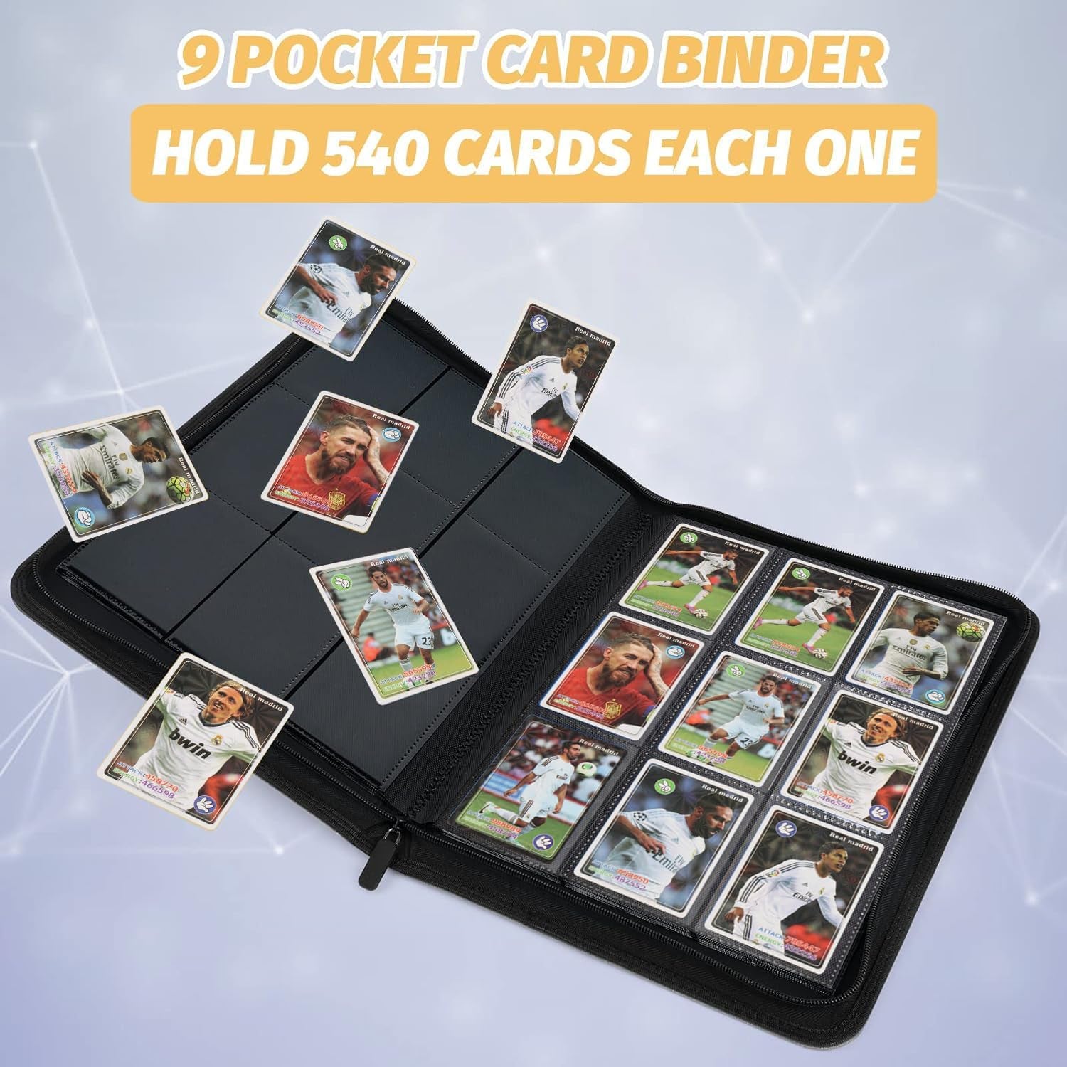 9-Pocket Zip Card Binder – 540 Double-Sided PU Album for MTG, TCG, Sports (Black)