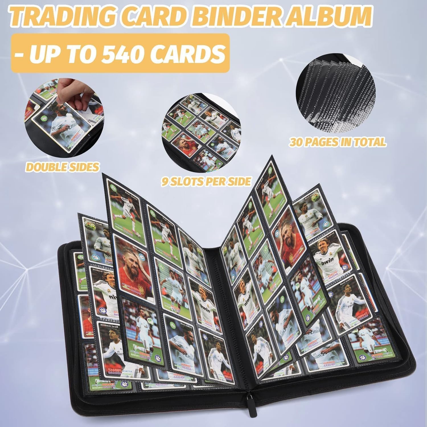 9-Pocket Zip Card Binder – 540 Double-Sided PU Album for MTG, TCG, Sports (Black)