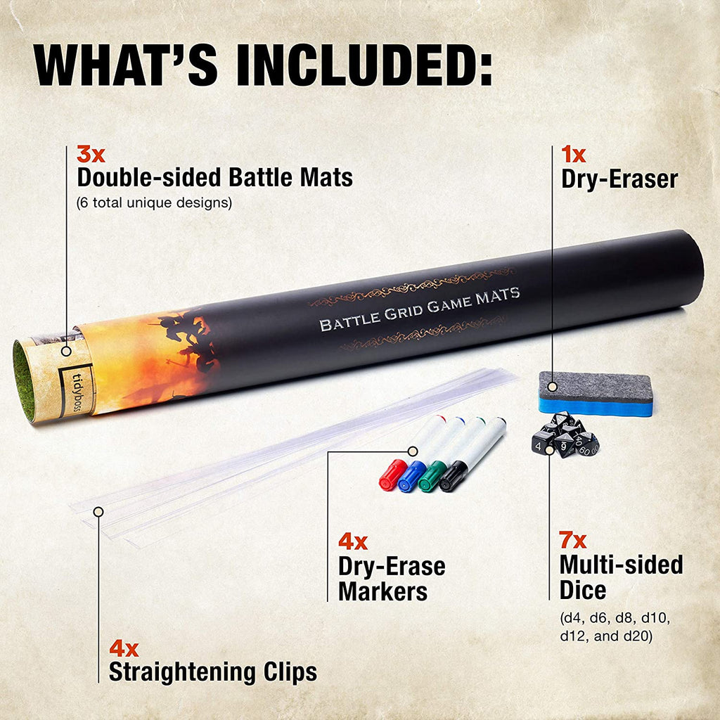 DnD Battle Grid Starter Set with 3 Double-Sided 24″×36″ Mats Plus Markers, Eraser, Dice & Clips